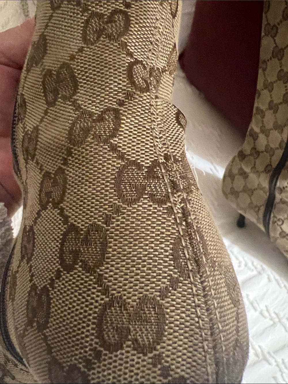GUCCI Beige GG Canvas Knee-High Logo Heeled Boots - Picture 8 of 8